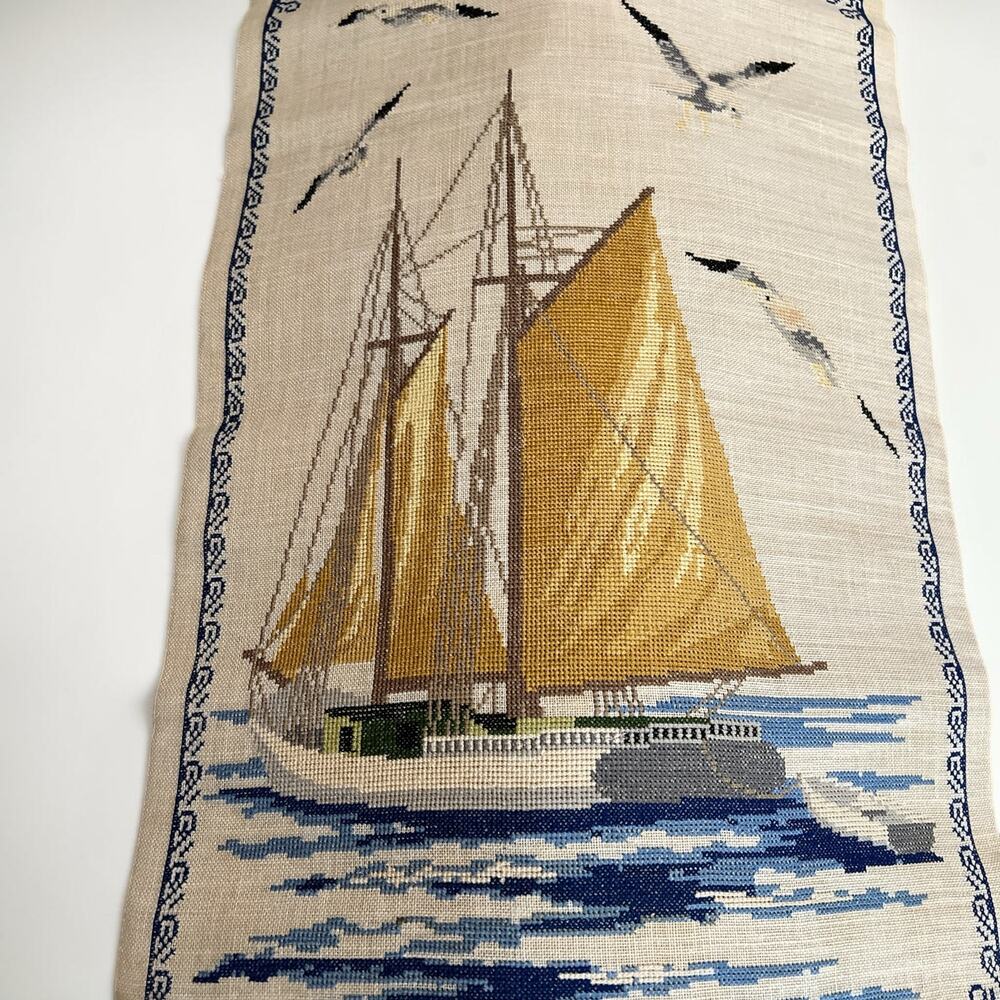 Vintage Danish Framed Needlepoint Wall Art Maritime Schooner Sailboat 23x15.5